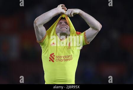 Southampton UK. 17th May 2022. James Milner of Liverpool takes his shirt off to give to a fan after the Premier League match at St Mary s Stadium Southampton. Picture credit should read Paul Terry Spo...