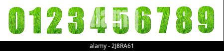 A set of digits from zero to 9 with the texture of green, juicy grass is isolated on a white background. Stock Photo