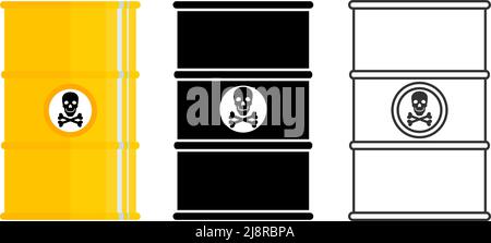 Different metal barrels for radioactive, toxic, hazardous, dangerous, explosive, flammable and poisonous substances and liquids. Vector illustration. Stock Vector