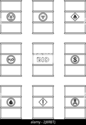 Different metal barrels for water, oil, biofuel, explosive, chemical, radioactive, toxic, hazardous, dangerous flammable and poisonous substances and Stock Vector