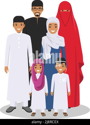 All age group of arab man family. Generations man. Arab people father, mother, son and daughter, standing together in traditional islamic clothes. Soc Stock Vector