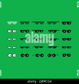 Pixel art sun glasses isolated on green chroma key background. Sunglasses, black and white different shape fashion shades in pixel art style. Vector Stock Vector