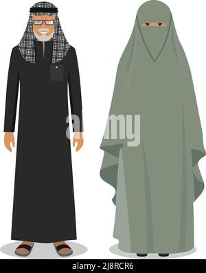 Arab people old man and woman standing together in traditional islamic clothes in flat style on white background. Social concept. Family concept. Stock Vector