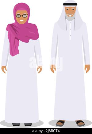 Arab people old man and woman standing together in traditional islamic clothes in flat style on white background. Social concept. Family concept. Stock Vector