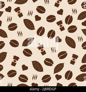 Coffee theme seamless pattern various shapes beans, leaves, coffee cup, heart shape and vapour Stock Vector