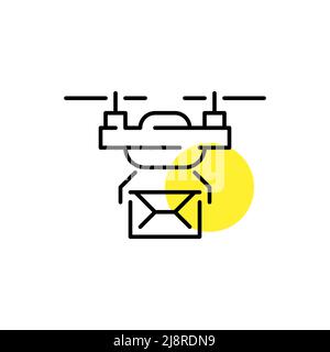 Drone delivering mail. Unmanned automatic aircraft used for transporting goods. Pixel perfect line art icon Stock Vector