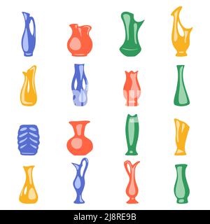 Ceramic vases collection. Colored ceramic bowls, antique pottery cups and jorams, abstract different shape jars for flowers and drinks vector illustration Stock Vector