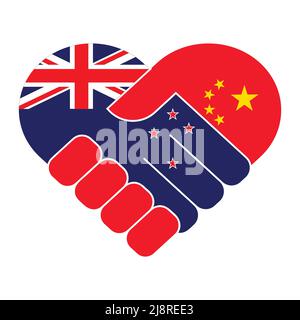 Handshake symbol in the colors of the national flags of China and New Zealand, forming a heart. The concept of peace, friendship. Flat vector illustra Stock Vector