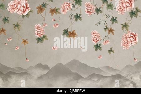 3d floral mural landscape background lights simple wallpaper. flowers, branches, and mountains Stock Photo
