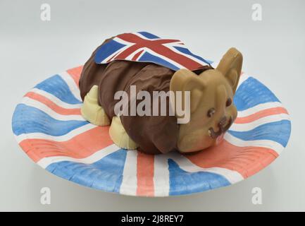 Marks and Spencer have produced the Corgi and Queen Connie the Caterpillar Cake for the Queen’s Platinum Jubilee celebrations. This is the corgi cake. Stock Photo