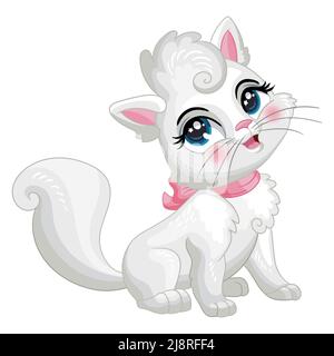 Cute sitting fluffy white kitten. Cartoon character. Vector isolated illustration. Children art. For print, design, posters, cards, stickers, decor, k Stock Vector