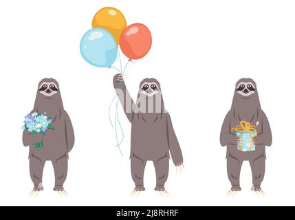 Sloth with different holiday attributes. Animal in cartoon style. Stock Vector