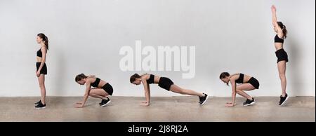 Fit woman doing a burpee exercise. Endurance training. Step by step instructions burpee Stock Photo