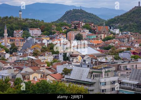 Old Town of Plovdiv city, capital of Plovdiv Province in south-central Bulgaria, view with hills called Danov, Youth and Liberators Stock Photo