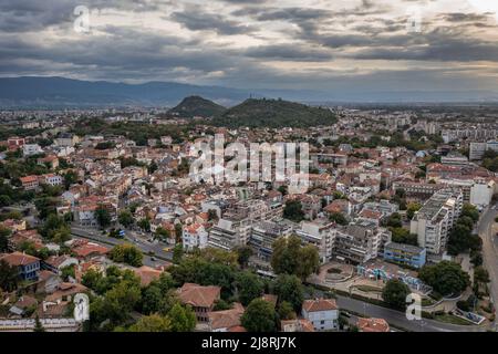 Aerial view of Plovdiv city, capital of Plovdiv Province in south-central Bulgaria, view with hills called Danov, Youth and Liberators Stock Photo