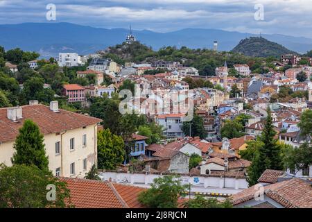 Old Town of Plovdiv city, capital of Plovdiv Province in south-central Bulgaria, view with hills called Danov, Youth and Liberators Stock Photo