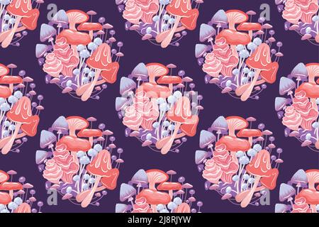Seamless pattern with psychedelic mushrooms in bunch on violet background. Vector magic texture with natural neon fungus on purple backdrop Stock Vector