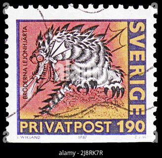 MOSCOW, RUSSIA - MAY 14, 2022: Postage stamp printed in Sweden shows Dragon (Brothers Lionheart), Rebate Stamps - 80th birthday of Astrid Lindgren ser Stock Photo