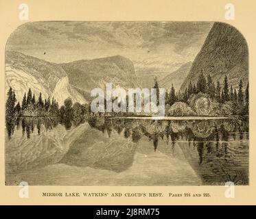 Mirror Lake, Watkins' and Cloud's Rest, Yosemite from the book ' Two years in California ' by Mary Cone,  Publisher Chicago, S.C. Griggs and company 1876 A resident of Marietta, Ohio, Mary Cone spent two years in California in the 1870s. Two years in California (1876) is more a guide than a first-person narrative of her experiences in the West. She treats the state's history, climate, agriculture, and geography before turning to its regions: Southern California (San Diego, Los Angeles, Santa Barbara), the Sacramento and San Joaqun Valleys (with chapters on individual Sacramento ranches), North Stock Photo