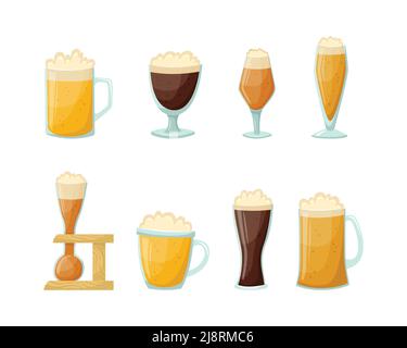 Vector set of illustrations of mugs and glasses of beer. Alcoholic beverages. Stock Vector