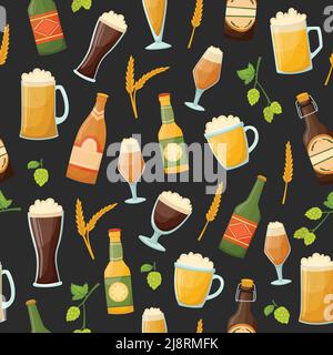 Vector seamless pattern with beer mugs, bottles, barley and hops. Alcoholic beverages. Stock Vector
