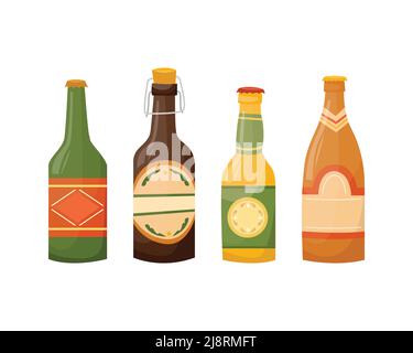 Vector set of illustrations of beer bottles. Alcoholic beverages. Stock Vector