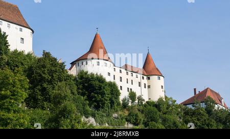 Burghausen, Germany - July 24, 2021: View on the so-called Kastenamt with Chimney Sweep's Tower (left) and Master Carpenter's Tower (right). Stock Photo