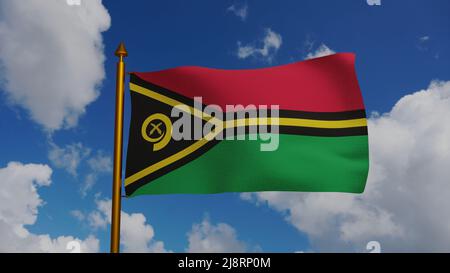 National flag of Vanuatu waving 3D Render with flagpole and blue sky, Republic of Vanuatu flag textile by Kalontas Mahlon, coat of arms Vanuatu Stock Photo