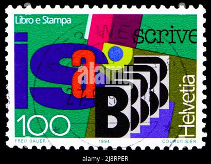 MOSCOW, RUSSIA - MAY 14, 2022: Postage stamp printed in Switzerland shows Electronic text processing, Book and press serie, circa 1994