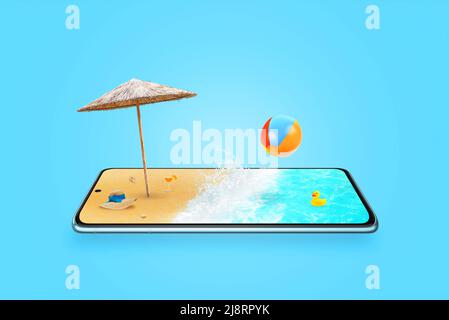 Beach on mobile phone screen concept. Summer travel vacation composition with sea waves, parasol, hat. Phone laid horizontally Stock Photo