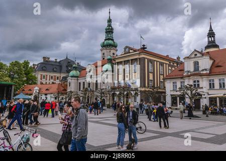Market Square of Old Town of Pszczyna town in Silesia region of Poland, view with Protestant Church and Castle Stock Photo