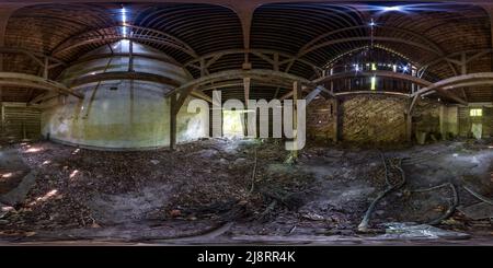 360 degree panoramic view of 360 hdr panorama inside abandoned ruined wooden decaying hangar or old building in full seamless spherical hdri panorama in equirectangular projection