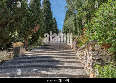 Historic Via Crucis (Way of the Cross) leading up to El Calvari chapel in Pollenca in the UNESCO world heritage Serra de Trumantana mountains Stock Photo