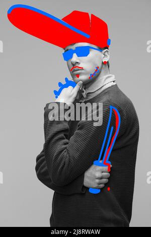 Contemporary artwork. Monochrome portrait of young strange man with bright drawings, doodles. Concept of art, creation, aspiration, humor, caricature Stock Photo