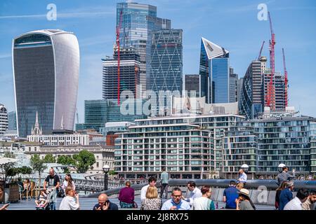 London UK, 18 May 2022.  The city of London skyline and financial district in the spring sunshine. The UK inflation  has a 40 year high according to figures from the ONS Office of National Statistics as  the Consumer Price Index rose to 9% in the last 12 months . The Bank of England Governor, Andrew Bailey has  warned of ' Apocalyptic global food shortages' and surging inflation due to the energy crisis caused by high gas and oil prices. Credit. amer ghazzal/Alamy Live News Stock Photo