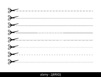 Scrissors cut dotted line with dash icon set. Stock Vector