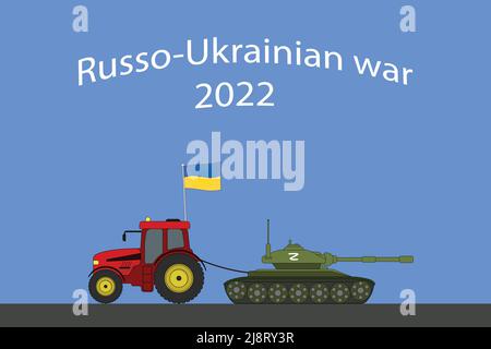 Russo-Ukrainian war: Ukrainian tractor tows away a Russian tank - vector illustration Stock Vector