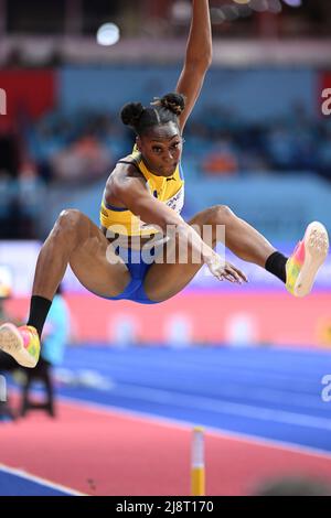 Akela Jones participating in the Belgrade 2022 World Indoor Championships in the Long Jump. Stock Photo