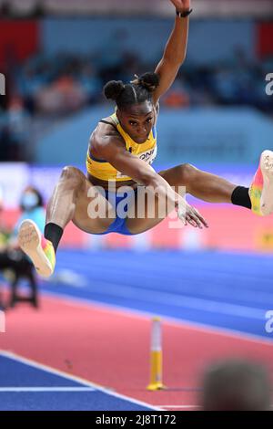 Akela Jones participating in the Belgrade 2022 World Indoor Championships in the Long Jump. Stock Photo