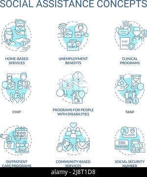 Social assistance turquoise concept icons set Stock Vector