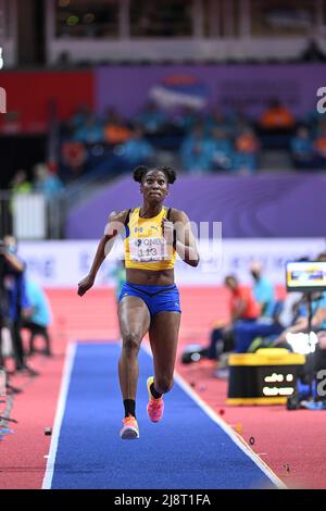 Akela Jones participating in the Belgrade 2022 World Indoor Championships in the Long Jump. Stock Photo