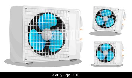 Air conditioner unit with three bladed fan. Room cooling and heating. Maintaining comfortable temperature in office. Cartoon vector isolated on white Stock Vector