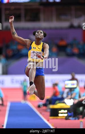 Akela Jones participating in the Belgrade 2022 World Indoor Championships in the Long Jump. Stock Photo