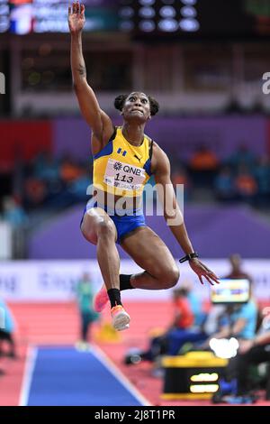 Akela Jones participating in the Belgrade 2022 World Indoor Championships in the Long Jump. Stock Photo