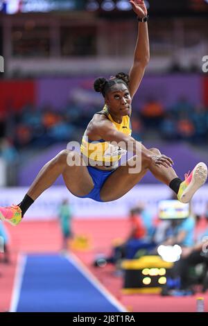 Akela Jones participating in the Belgrade 2022 World Indoor Championships in the Long Jump. Stock Photo