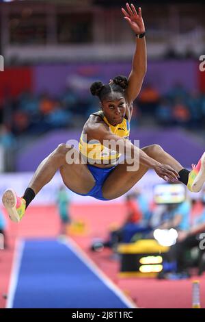 Akela Jones participating in the Belgrade 2022 World Indoor Championships in the Long Jump. Stock Photo