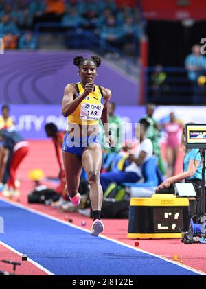 Akela Jones participating in the Belgrade 2022 World Indoor Championships in the Long Jump. Stock Photo