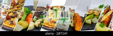 Varied food. Delicious lunch assortment. Meat, fish, vegetable dishes. Food collage. Stock Photo