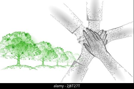 Save planet nature environment grow life eco. People together work on solution polygon triangles low poly vector illustration Stock Vector