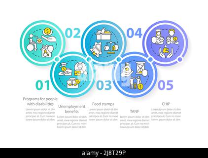 Government benefits blue circle infographic template Stock Vector